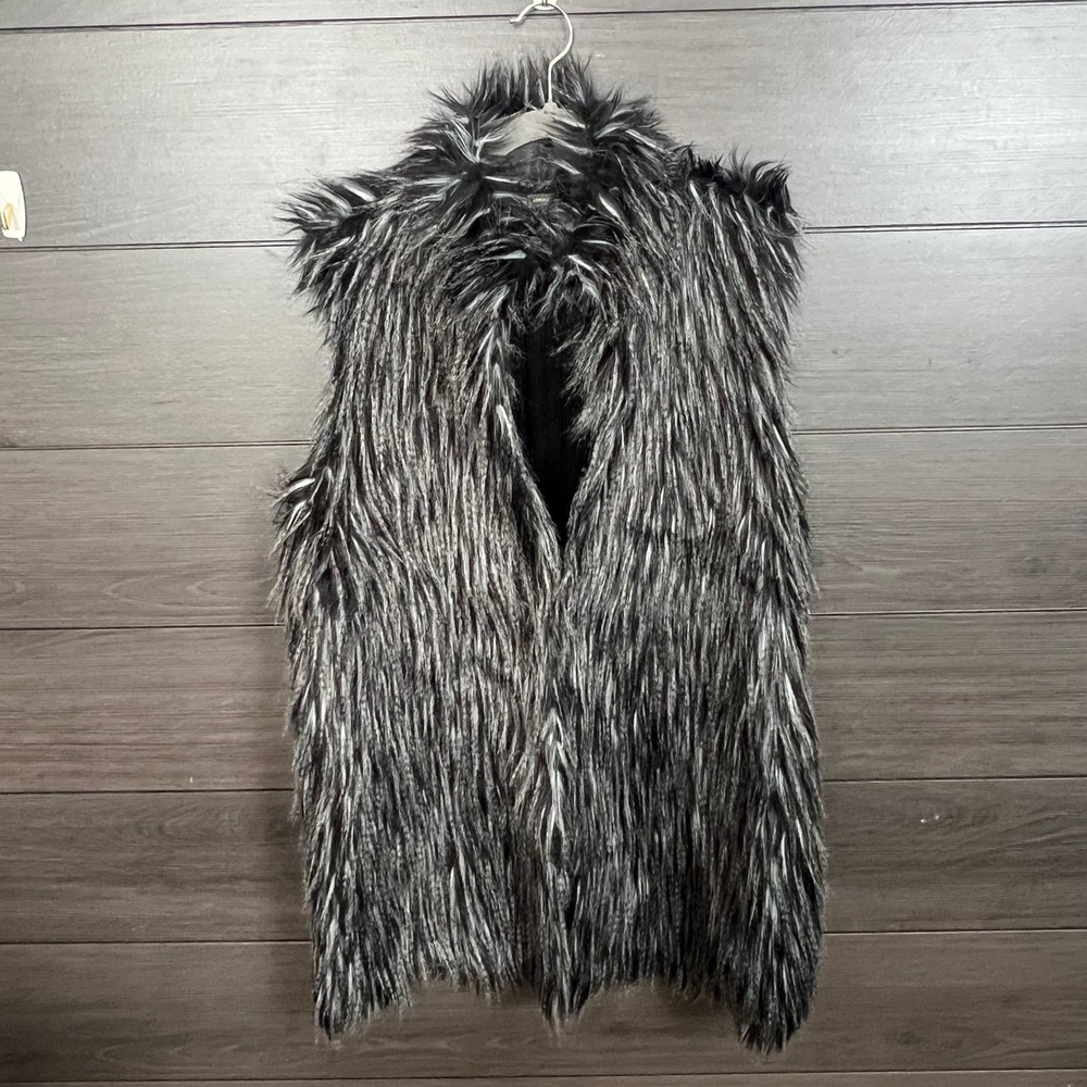 Adrianna Papell Women Faux Fur Vest Long Open Front 2X Black Gray Chic